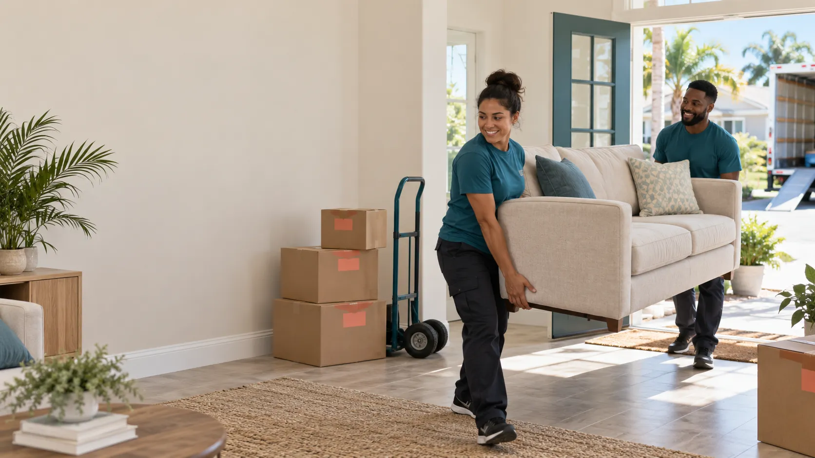 Professional cleanout crew carrying a sofa from a bright home